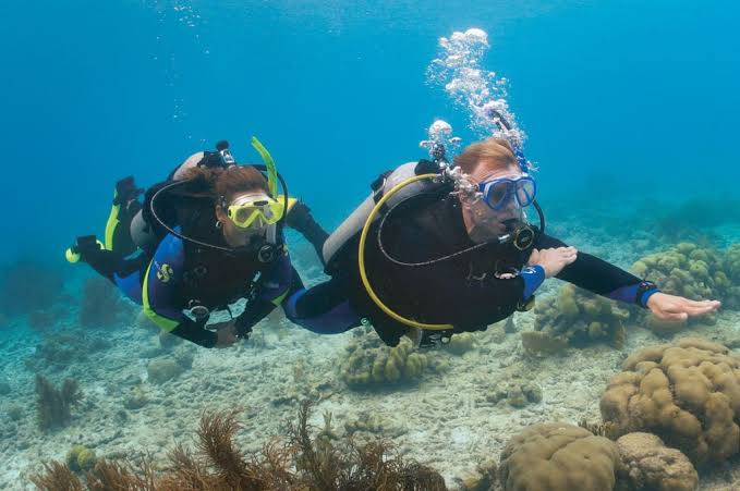 Professional scuba diving instructor giving the OK sign underwater in the Red Sea Hurghada