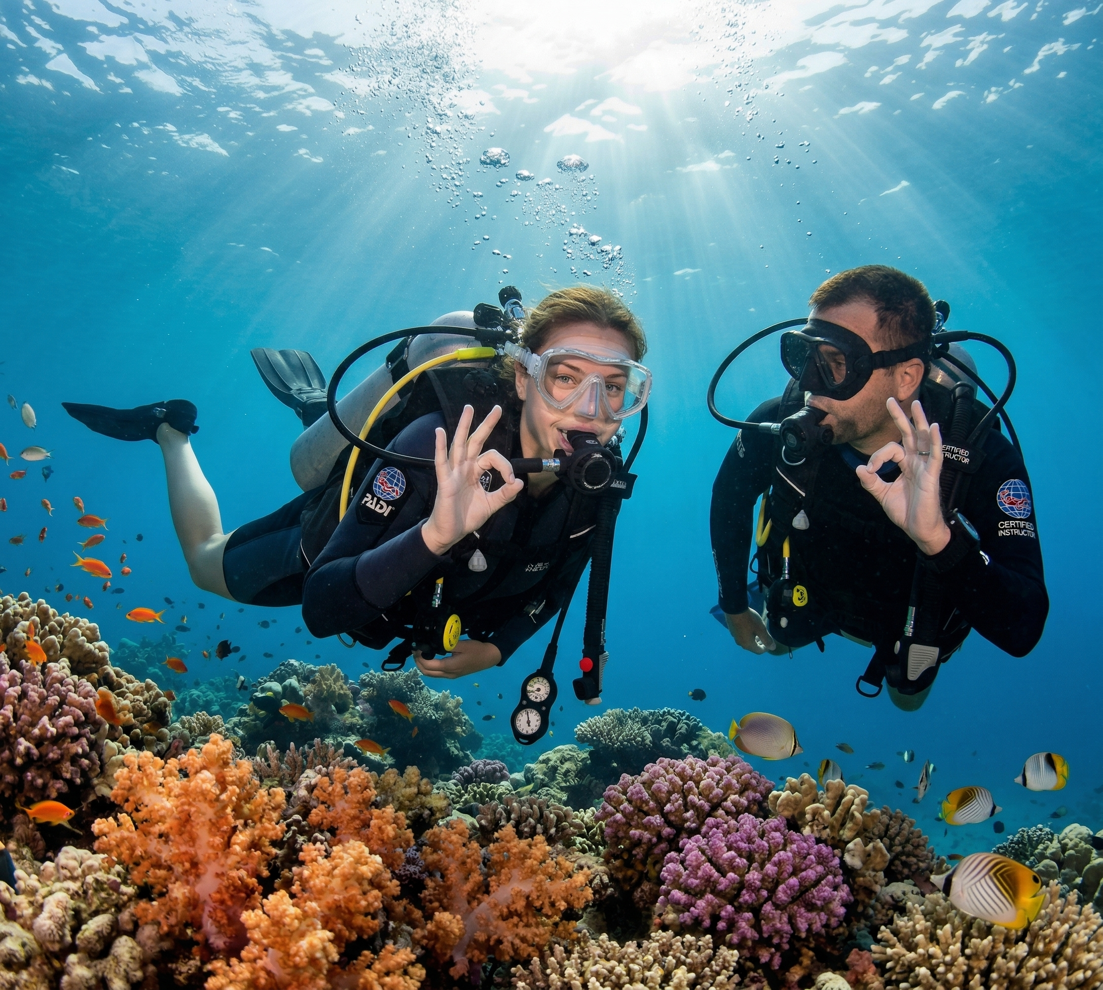 Beginner open water diver giving OK sign underwater in Hurghada Red Sea